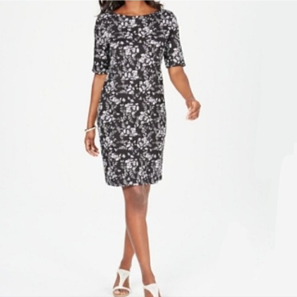 Karen Scott Women's Black Floral Print Short Sleeve Midi Sport Dress